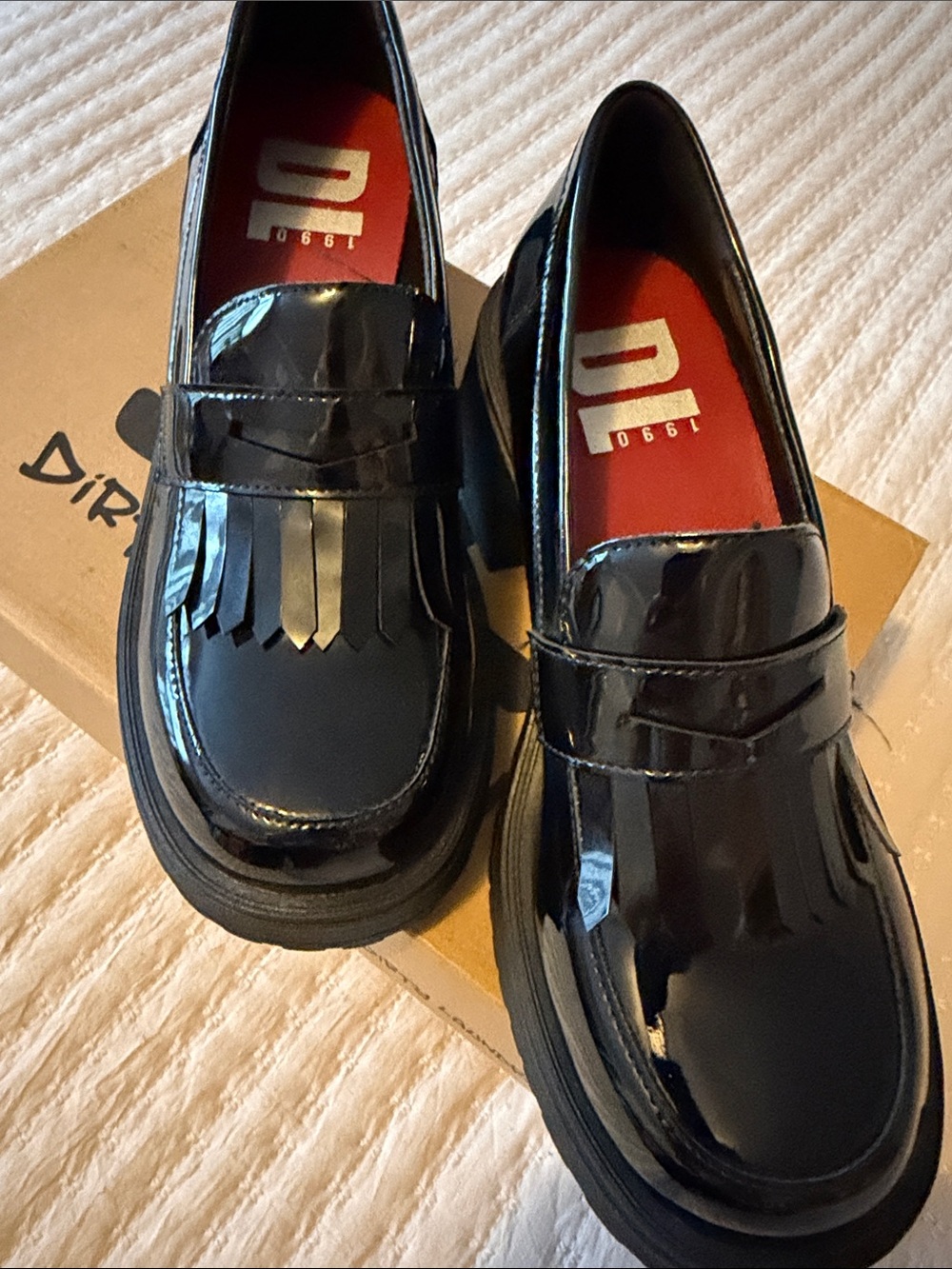 Dirty Laundry DL 1990 Black Patent Chunky Heel Penny Loafers 7.5 ❤️
